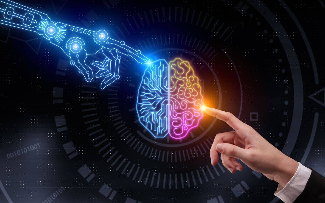 Connessione tra intelligenza artificiale e umana: una mano robotica e una umana toccano un cervello digitale, simbolo di AI nei call center.