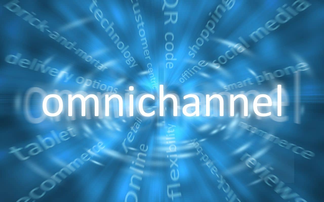 Omnicanalità nei call center con rappresentazione grafica di parole chiave come tecnologia, social media, e-commerce e flessibilità.